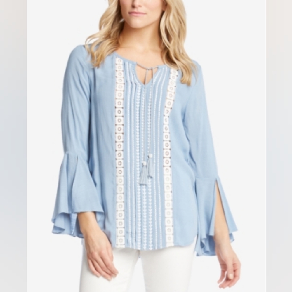 Karen Kane Embroidered Peasant Blue Bell Sleeves Large Top